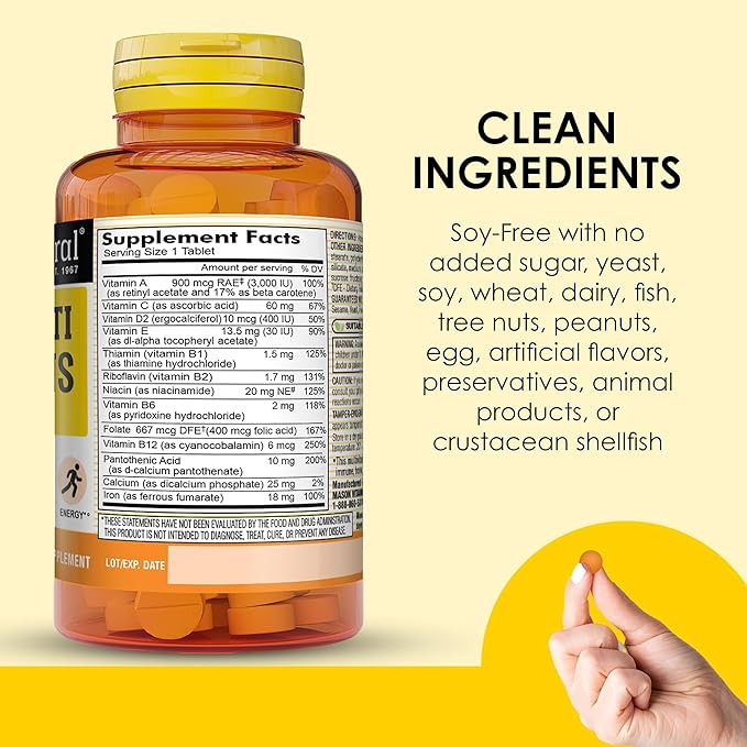 MASON NATURAL Daily Mini Multi Vitamins with Iron, Vitamins A, C, D, E, B1, B2, B3, B6, B12, Folate & Calcium, 100 Day Supply