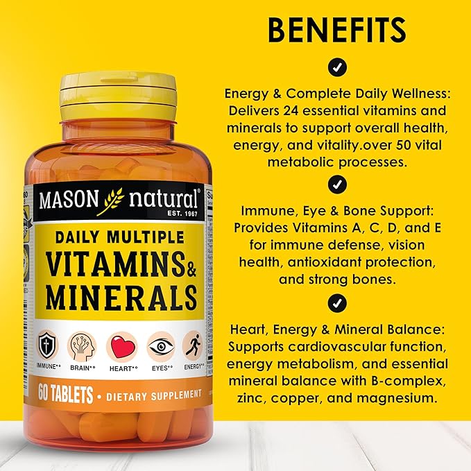 MASON NATURAL Daily Multiple Vitamins with Minerals, 24 Essential Nutrients for Overall Health, 60 Tablets