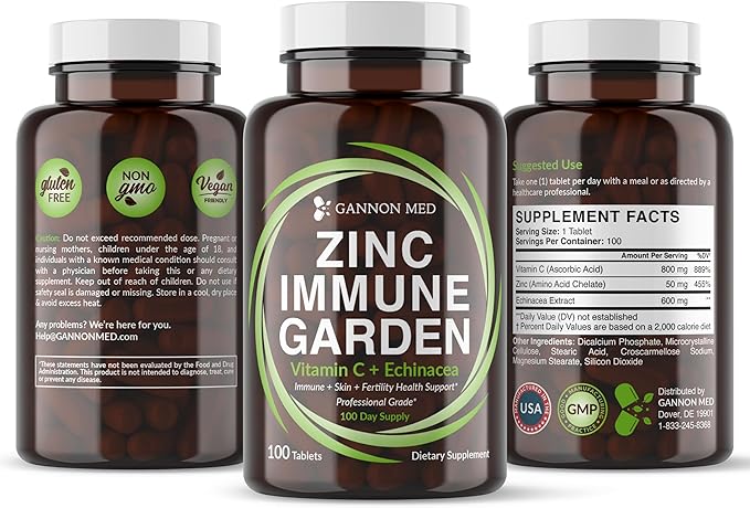 Chelated Zinc 50mg Immune Garden Vitamin C 800mg Zinc Supplements Echinacea 600mg per Tablet - Immunity + Skin + Reproductive Health Minerals - Zinc Chelate Immune Booster for Kids & Adults