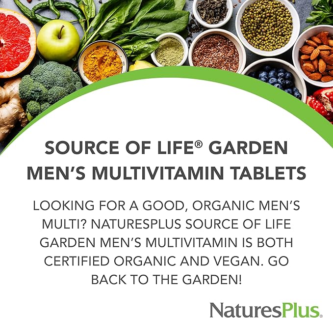NaturesPlus Source of Life Garden Certified Organic Men's Multivitamin - 90 Vegan Tablets - Pure, Natural Whole Food Ingredients - Energy Boost - Vegetarian, Gluten-Free - 30 Servings