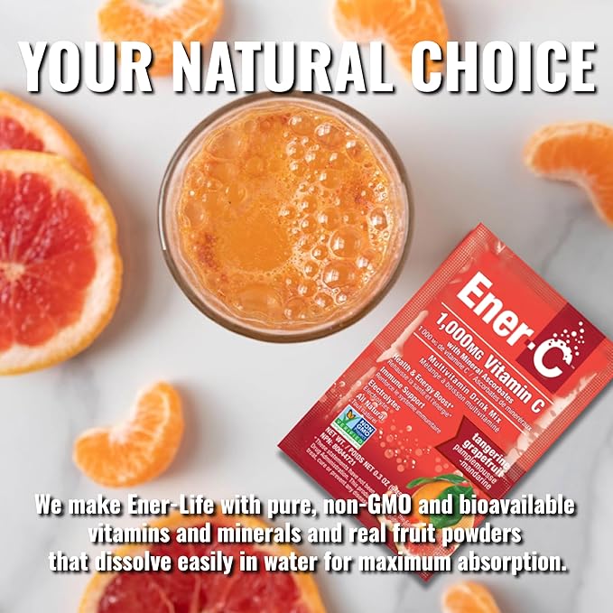 Ener-C Tangerine & Grapefruit Multivitamin Drink Mix, 1000mg Vitamin C, Non-GMO, Vegan, Real Fruit Juice Powders, Natural Immunity Support, Electrolytes, Gluten Free, 1-Pack of 30
