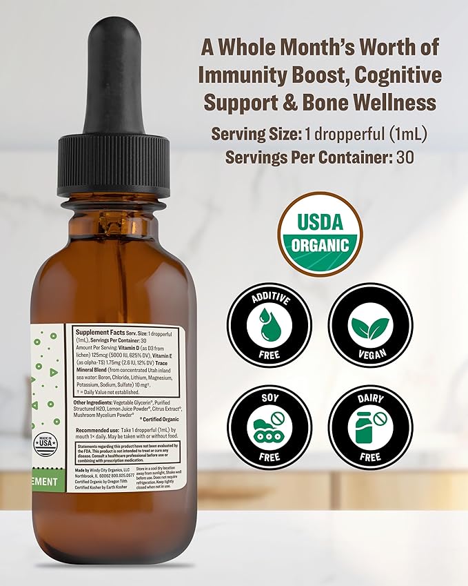 RawGuru Organic Vitamin D3 Complex - Vegan Vitamin D3 with Trace Minerals - Nano-Processed Immunity Boost & Cognitive Supplement Tincture - 30 Servings of Vegan Drops per 30 ml, Pack of 1