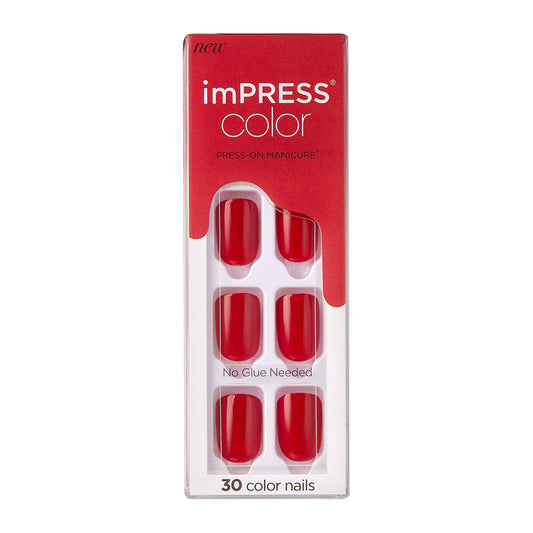 KISS imPRESS No Glue Mani Press On Nails, Color, 'Reddy or Not', Red, Short Size, Squoval Shape, Includes 30 Nails, Prep Pad, In