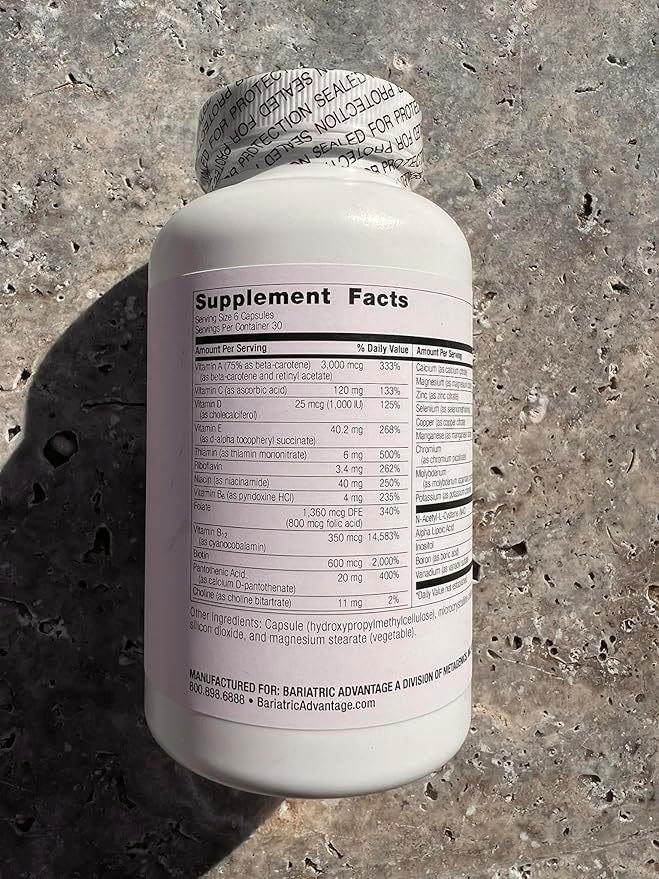 Bariatric Advantage Multi Formula without Iron, High Potency Daily Multivitamin for Bariatric Surgery Patients with 22 Essential Vitamins and Nutrients - 180 Capsules