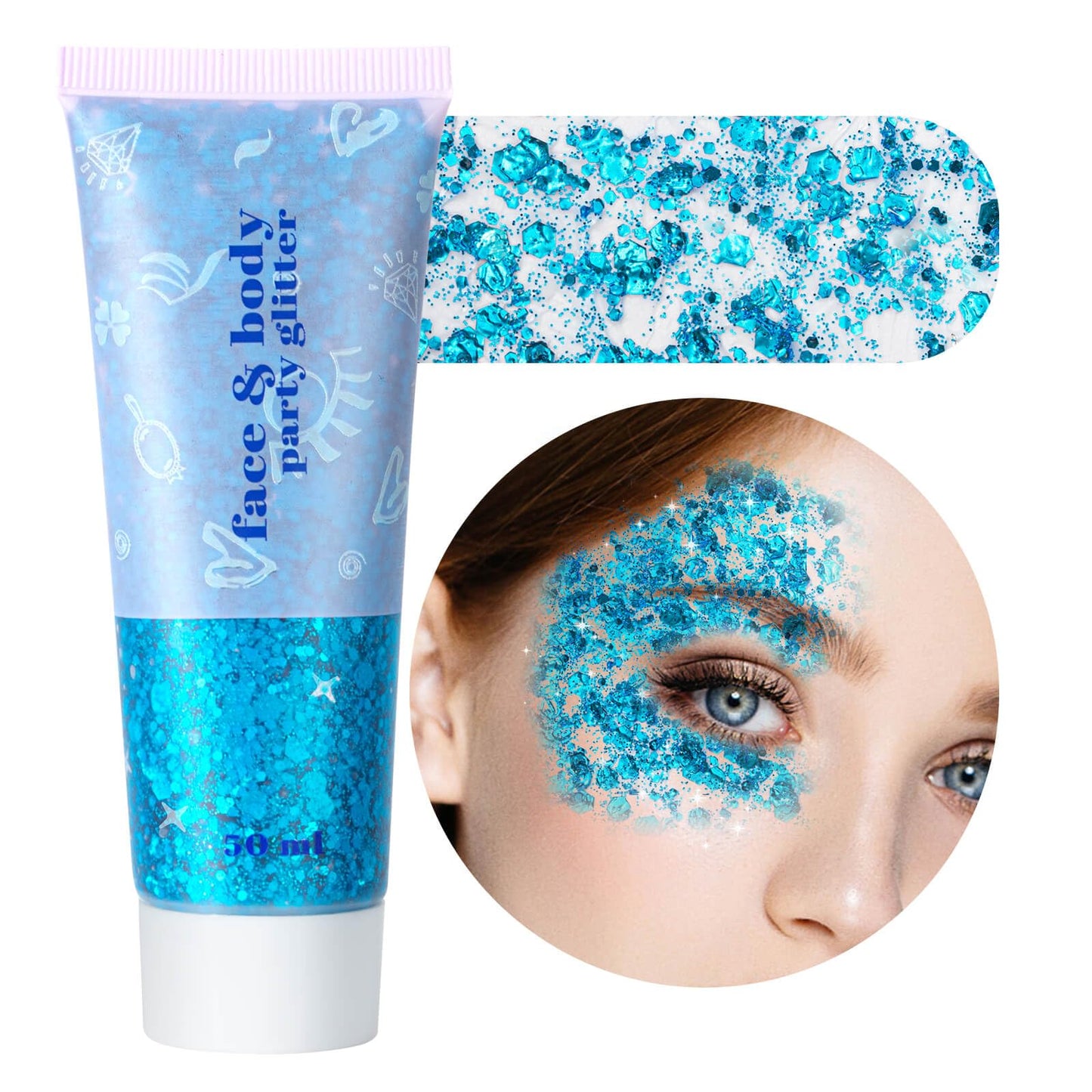 MEICOLY Sky Blue Body Glitter,Teal Face Glitter Gel,Halloween Glitter Face Paint,Light Blue Glitter for Face Body Eye Lip Hair,Mermaid Turquoise Sparkling Glitter Makeup for Women Kids,50 ml