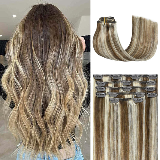 Honsoo Clip In Remy Hair Extensions Light Brown To Blonde Highlights Balayage Hair 70G 12Inch Real Hair Extensions Natural Soft