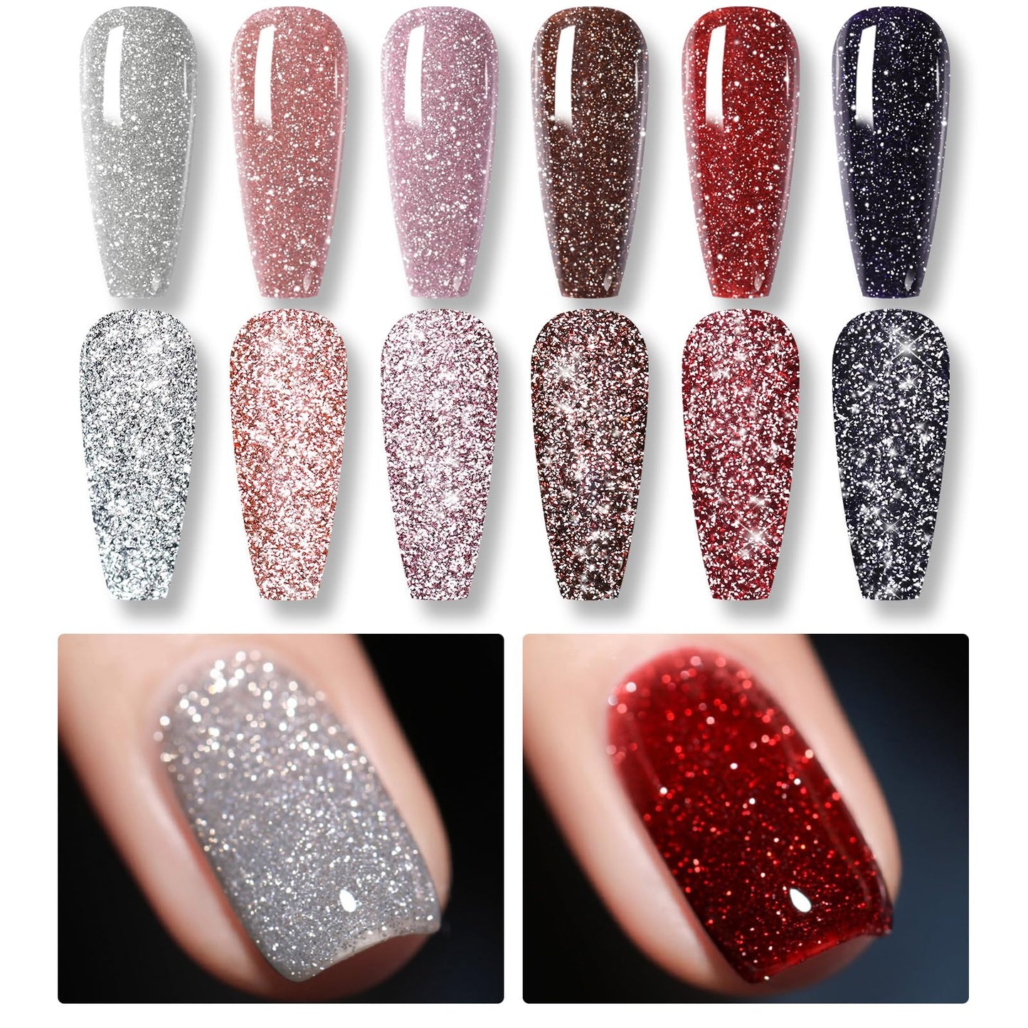 Born Pretty Reflective Glitter Gel Polish Sparkly Shiny Disco Dj Led Nail Polish Varnish Silver Red Black Colors Collection 6Pcs