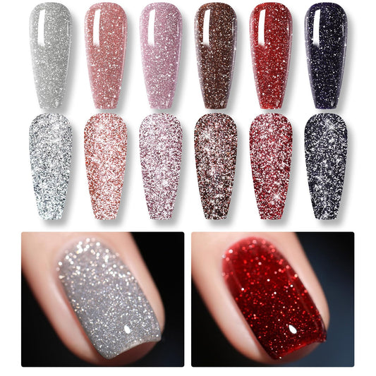 Born Pretty Reflective Glitter Gel Polish Sparkly Shiny Disco Dj Led Nail Polish Varnish Silver Red Black Colors Collection 6Pcs