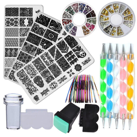 Nail Art Stamping Plate Kit Flower Geometric Image Stamping Template Stamper Scraper Rhinestones Decorations Mandala Dotting Pen