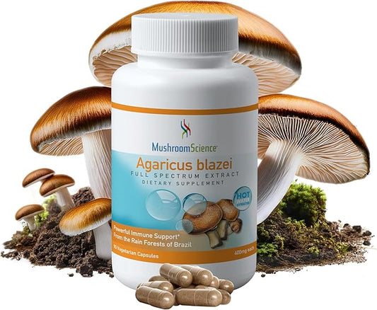 MushroomScience Agaricus Blazei Mushroom Capsules, Full Spectrum Extract, Natural Mushroom Supplement for Adults, Health Defense Support, Hot Water Extracted Mushrooms, Vegetarian, 400MG, 90 CT