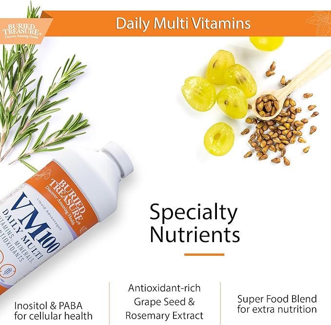 Buried Treasure VM100 Complete Daily Liquid Vitamins and Minerals plus Antioxidants Supplement for Maximum Absorption Great Tasting Orange Zest Flavor 32 Servings 32 Ounce