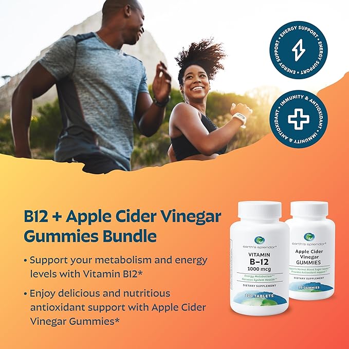 Earth's Splendor Energy & Wellness: Vitamin B12 Tablets for Metabolism Support + Apple Cider Vinegar Gummies for Energy
