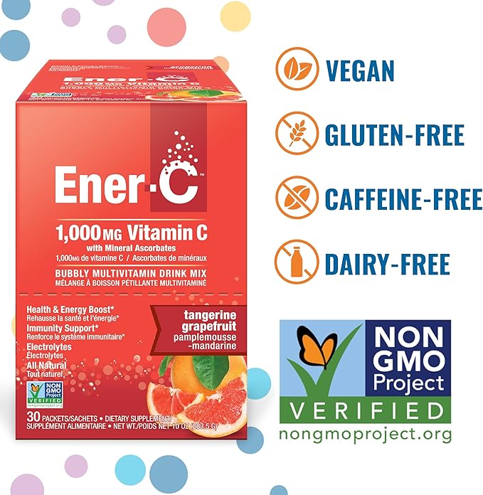Ener-C Tangerine & Grapefruit Multivitamin Drink Mix, 1000mg Vitamin C, Non-GMO, Vegan, Real Fruit Juice Powders, Natural Immunity Support, Electrolytes, Gluten Free, 1-Pack of 30