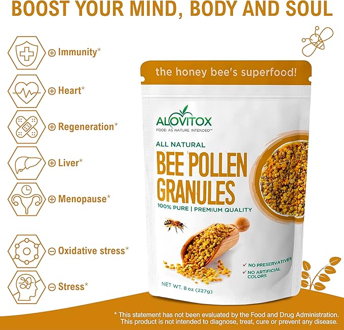 Alovitox Bee Pollen Granules 8 Oz | 100% Pure, Organic Bee Pollen for Bearded Dragons | Superfood Packed Bee Pollen Organic with Antioxidant, Protein, Vitamin & More | Nutritional Yeast & Gluten Free