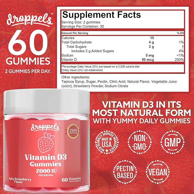 Droppels Vitamin D3 Gummies 2000 IU – Extra Strength, Vegetarian, Pectin Plant-Based Vitamin D Gummies for Bone Health Support – Juicy Strawberry Flavor, 60 Count (1-Month Supply)