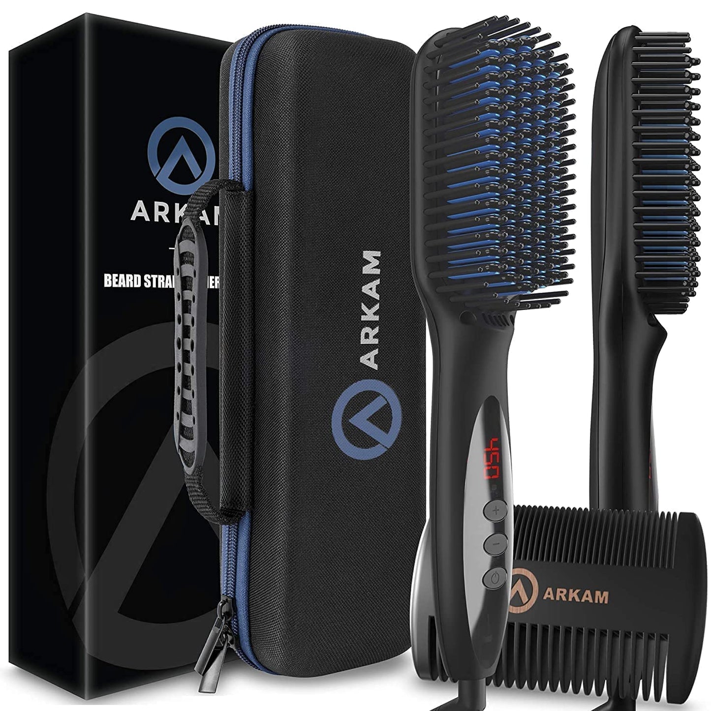 Arkam Beard Straightener for Men -Premium Heated Beard Brush Kit w/Anti-Scald Feature, Dual Action Hair Comb and Hard Shell Trav