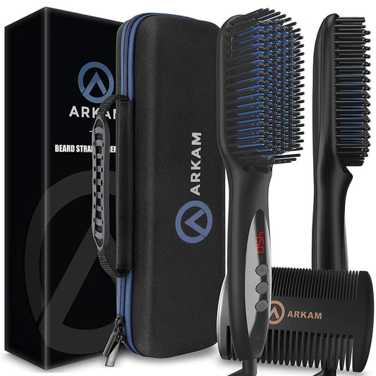 Arkam Beard Straightener for Men -Premium Heated Beard Brush Kit w/Anti-Scald Feature, Dual Action Hair Comb and Hard Shell Trav