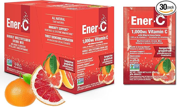 Ener-C Tangerine & Grapefruit Multivitamin Drink Mix, 1000mg Vitamin C, Non-GMO, Vegan, Real Fruit Juice Powders, Natural Immunity Support, Electrolytes, Gluten Free, 1-Pack of 30