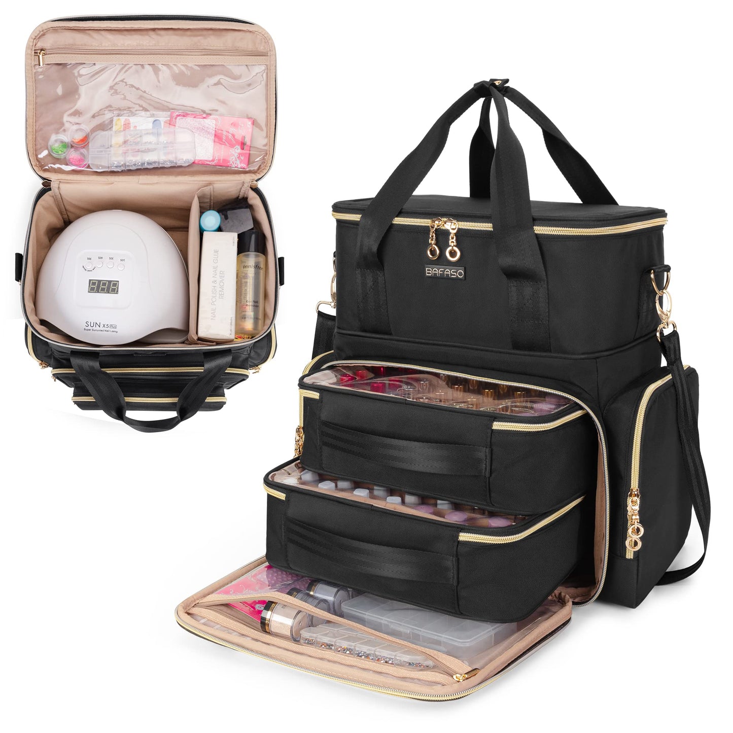 Bafaso Double Layer Nail Polish Organizer Holds 70 Bottles (15Ml - 0.5 Fl.Oz) And A Nail Dryer, Nail Polish Case With 2 Removabl