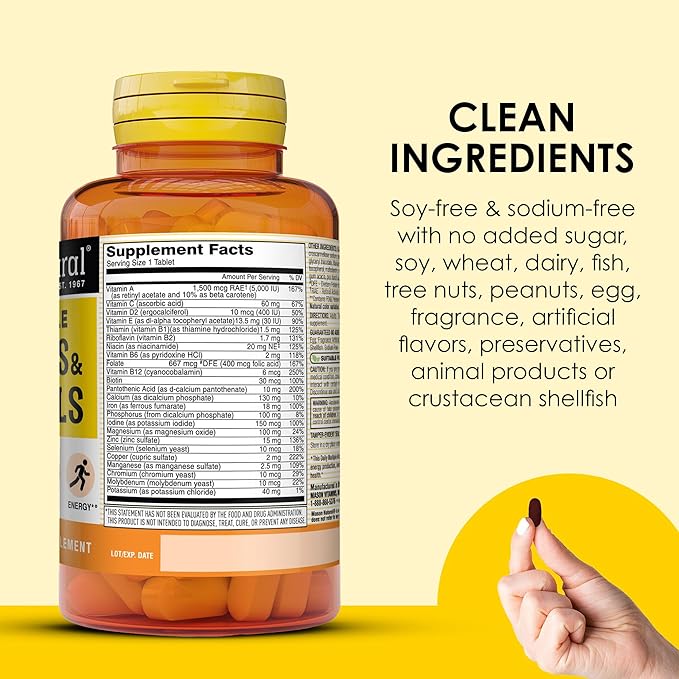 MASON NATURAL Daily Multiple Vitamins with Minerals, 24 Essential Nutrients for Overall Health, 60 Tablets