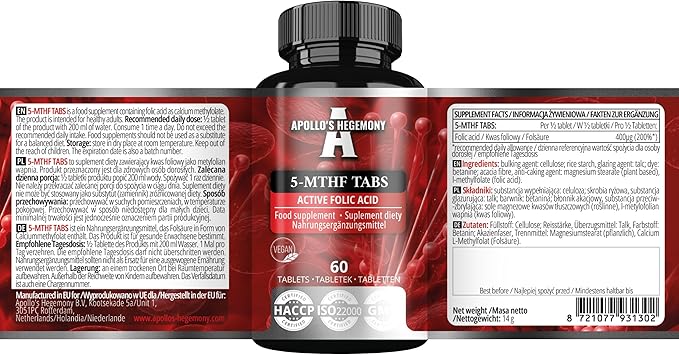 APOLLO'S HEGEMONY 5-MTHF Tabs - 400 µg L-methylfolate per Serving - 60 Tablets - 4 Month Supply - Supports Psychological Functions and Reduces Fatigue - Dietary Supplement