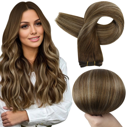 Full Shine Sew In Hair Extensions Weft Straight Hair Extensions Color Brown To Blonde Mix Brown Machine Tied Weft Extensions Soft Hair Invisible Human Hair Sew In Extensions 12 Inch 80G