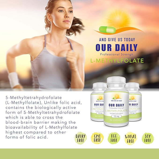 Our Daily Vites L-Methylfolate 7.5 mg / 7500 mcg Maximum Strength Active Folate, 5-MTHF, Filler Free, Gluten Free, Non-GMO, Vegetarian Capsules 60 Capsules