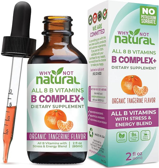 Why Not Natural Vitamin B Complex Liquid Drops - Organic Supplement for Women - Vegan and Sublingual Forms of B1 B2 B3 B5 B6 Biotin Folate and Choline - Plus Blend for Energy Support