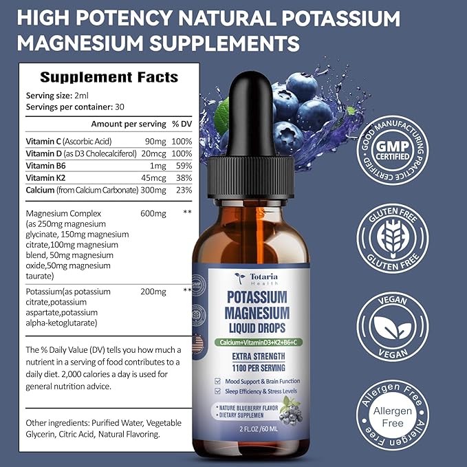 (2 Packs) Potassium Magnesium Supplement Liquid Drops - 200mg Potassium & 600mg Triple Complex Magnesium Glycinate Liquid Citrate Oil High Absorption Potasio Support Bone, Muscle, Leg Cramps
