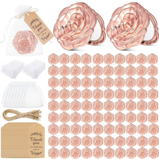 96 Set Rose Compact Mirrors Bulk Wedding Party Favors Including Rose Shape Mirrors And Thank You Tags And Jute Twine With White