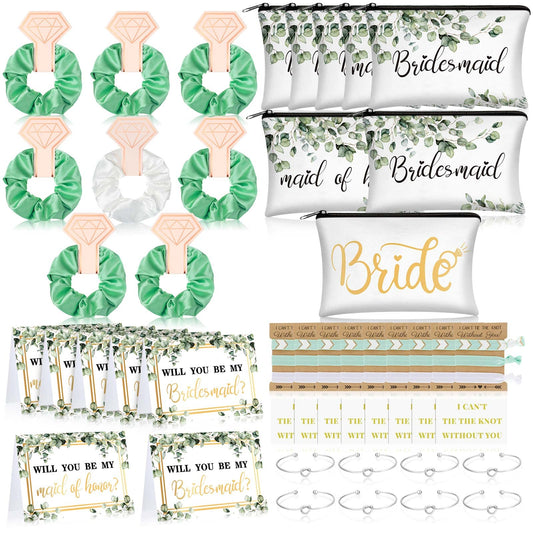 63 Pcs Bride Bridesmaid Proposal Gift Maid of Honor Gifts Matron of Honor Gifts Brides Bridesmaid Cosmetic Makeup Bag Hair Knotted Bracelets Invitation Cards for Wedding Bachelorette (Leaves Style)