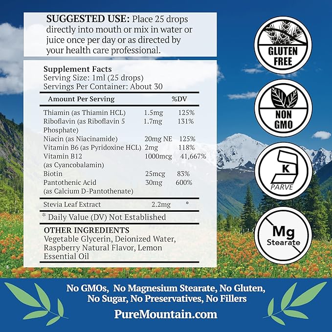 Pure Mountain Botanicals Liquid Vitamin B Complex - Raspberry Flavor Kosher B Complex Vitamin with B12, B6, Thiamin, Biotin, Niacin - 1oz Bottle