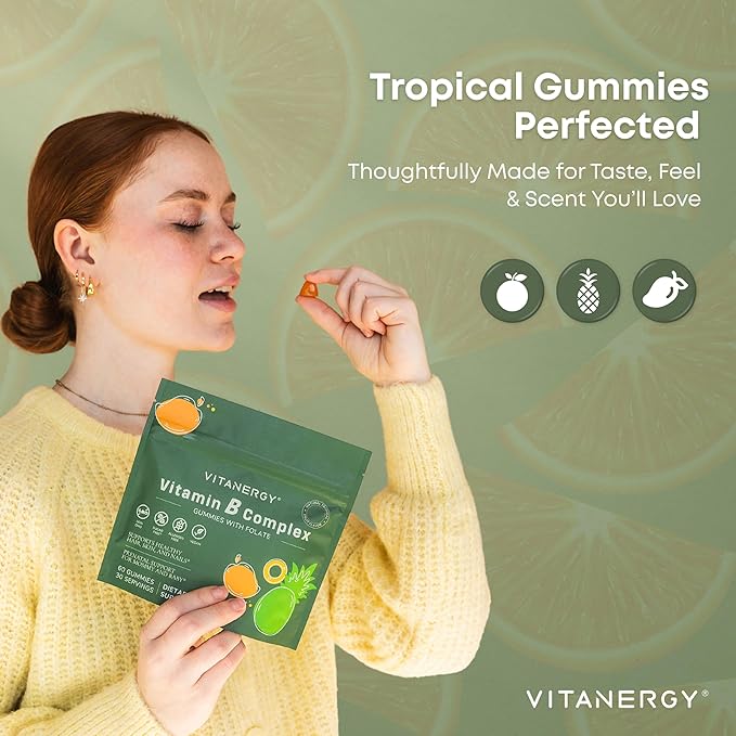 Tropical B Complex Gummies for Women – Sugar-Free, Vegan, Non-GMO – 7 B Vitamins + Iron, Energy & Immune Support – Portable Pouch, Made in USA, 60 Count