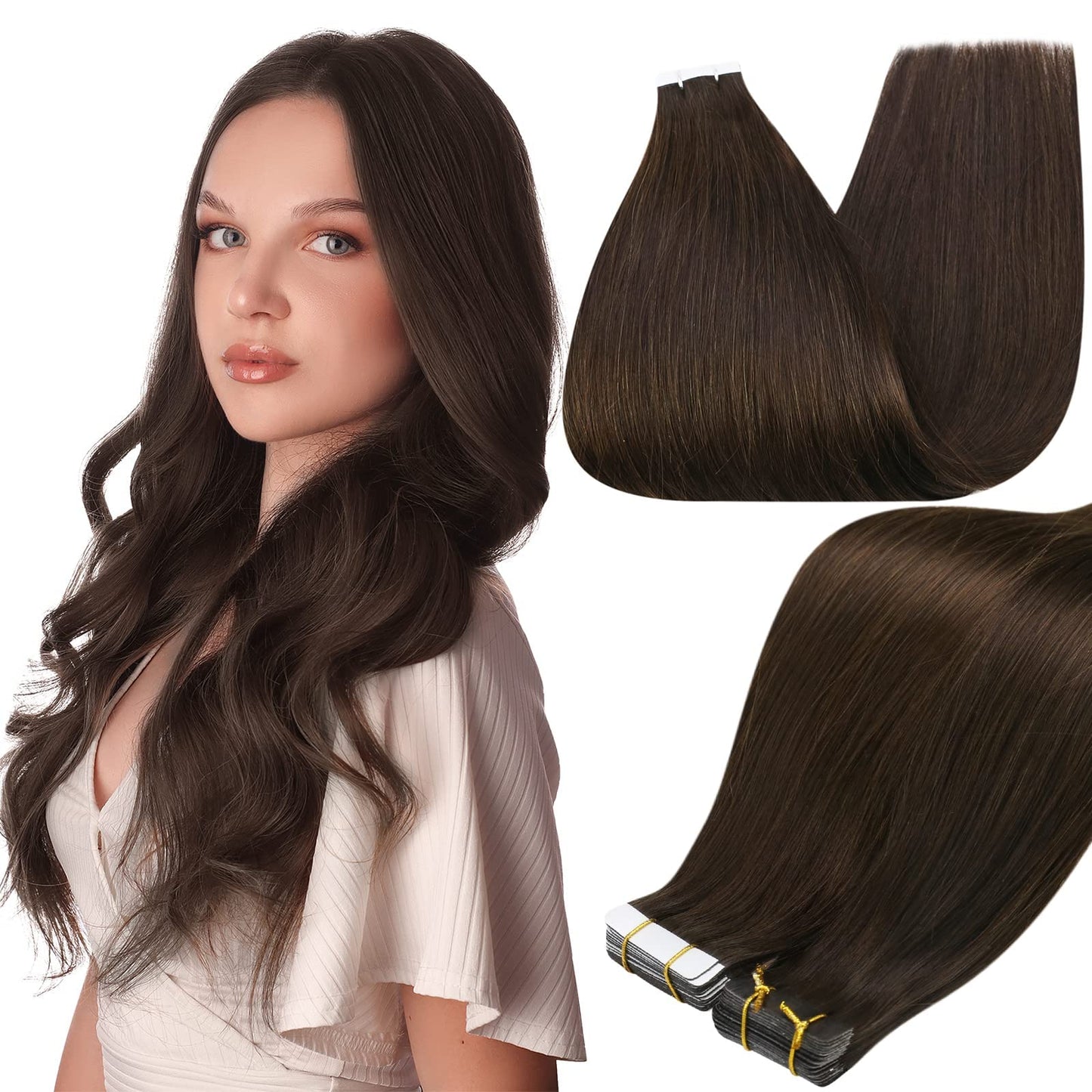 Full Shine Tape In Hair Extensions Human Hair Darkest Brown 24 Inch Seamless Tape In Extensions Brazilian Remy Hair Skin Weft Ha