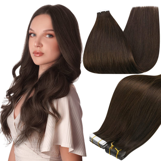 Full Shine Tape In Hair Extensions Human Hair Darkest Brown 24 Inch Seamless Tape In Extensions Brazilian Remy Hair Skin Weft Ha
