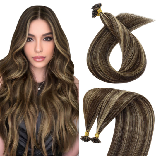 Sunny Hair Brown Highlight Ktip Hair Extensions Real Human Hair 22In Long K Tip Hair Extensions Medium Brown Highlight Caramel B