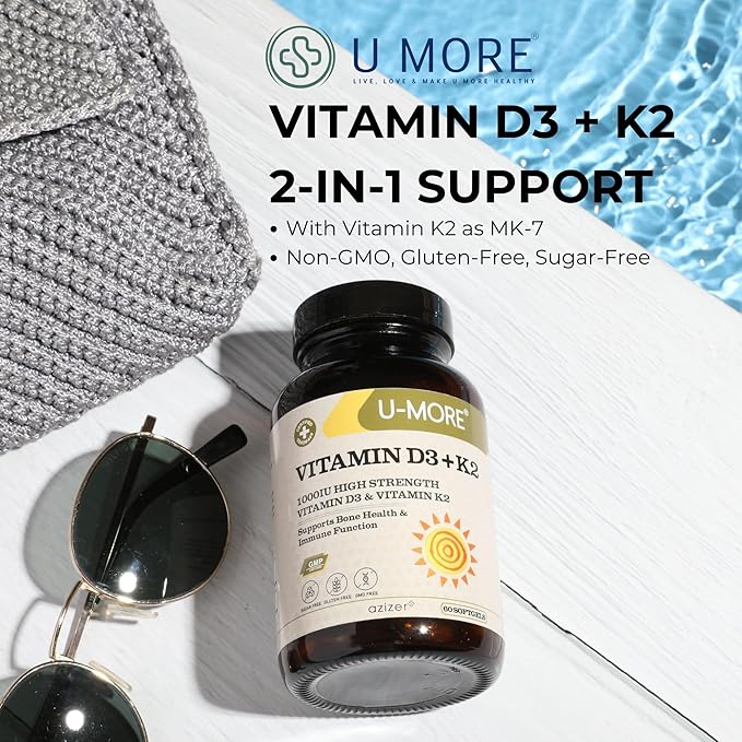 U-MORE - 1000 IU High Strength Vitamin D3 & Vitamin K2 (Menaquinone 7) - Sugar, Gluten, GMO Free, Supports Bone Health & Immune Function, Daily Supplement for Strong Bones & Immunity - 60 Softgels
