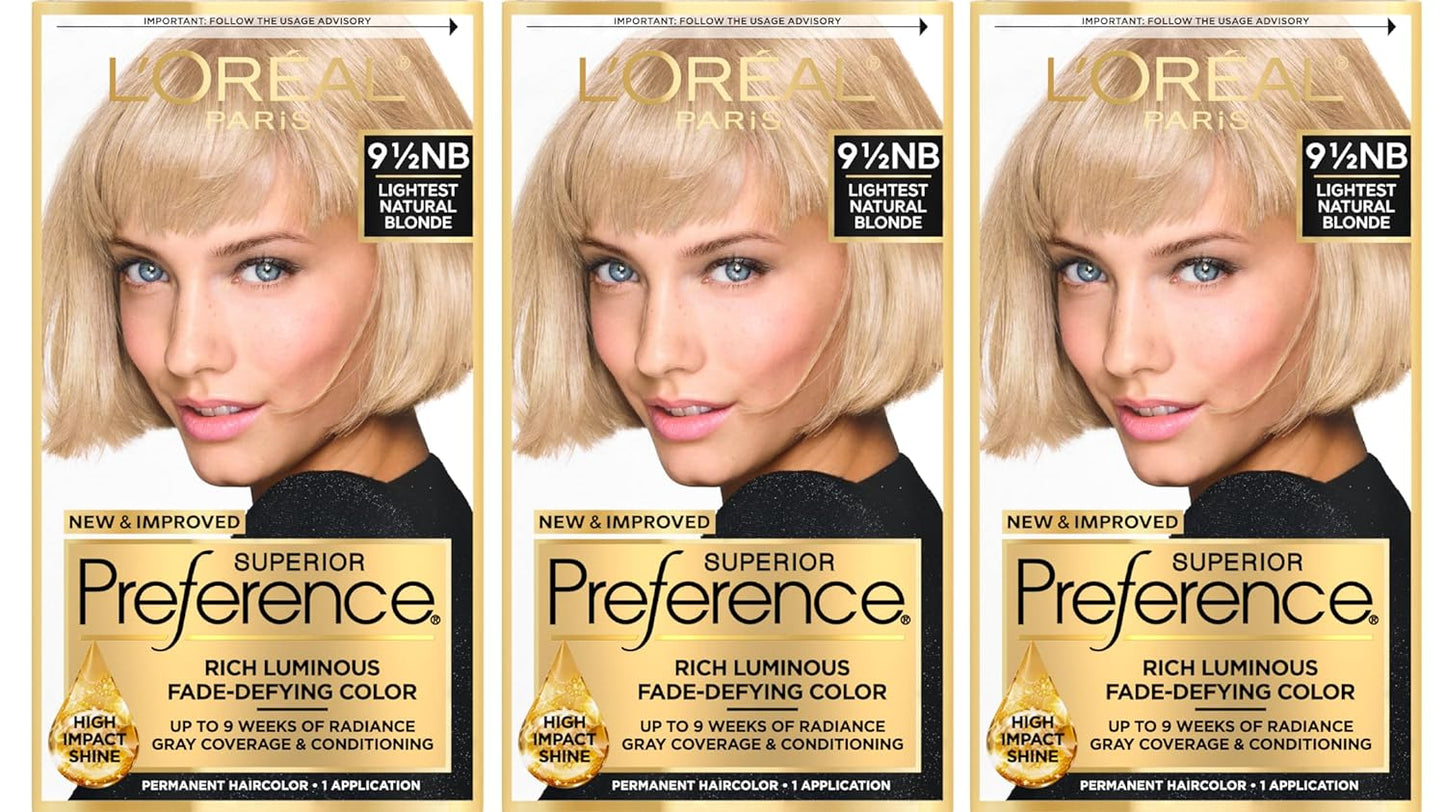 L'Oreal Paris Superior Preference Hair Color | Lightest Natural Blonde 9.5NB | 3 Kits