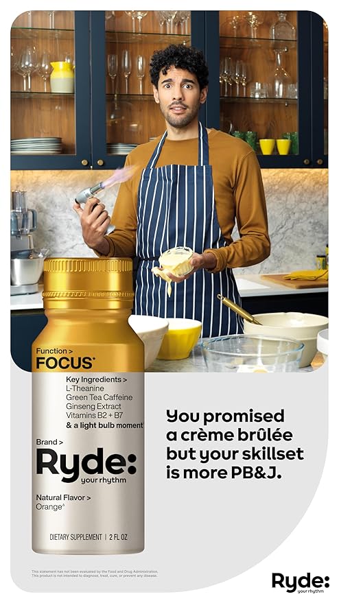 Ryde: Focus Shot | Orange Flavor | L-Theanine & Ginseng | Green Tea Caffeine | Vitamins B2 & B7 | 0 Calories, 0 Sugar | 2 FL OZ Shots | Supports Focus* (24 Pack)