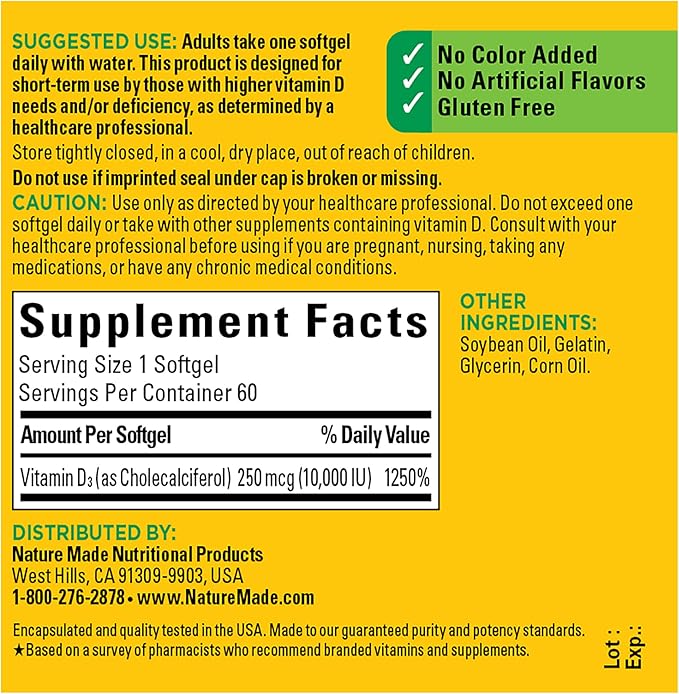 Nature Made Maximum Strength Vitamin D3 10000 IU (250 mcg), Dietary Supplement for Bone, Teeth, Muscle and Immune Health Support, 60 Softgels, 60 Day Supply (Pack of 2)