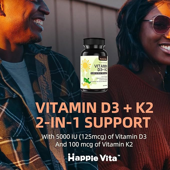 Vitamin D3 K2, Vitamin D3 5000 IU (125 mcg) + Vitamin K2 100 mcg, 2 in 1 D3 and K2 Supplements for Bone, Teeth, Muscle and Immune Health Support, 60 Softgels