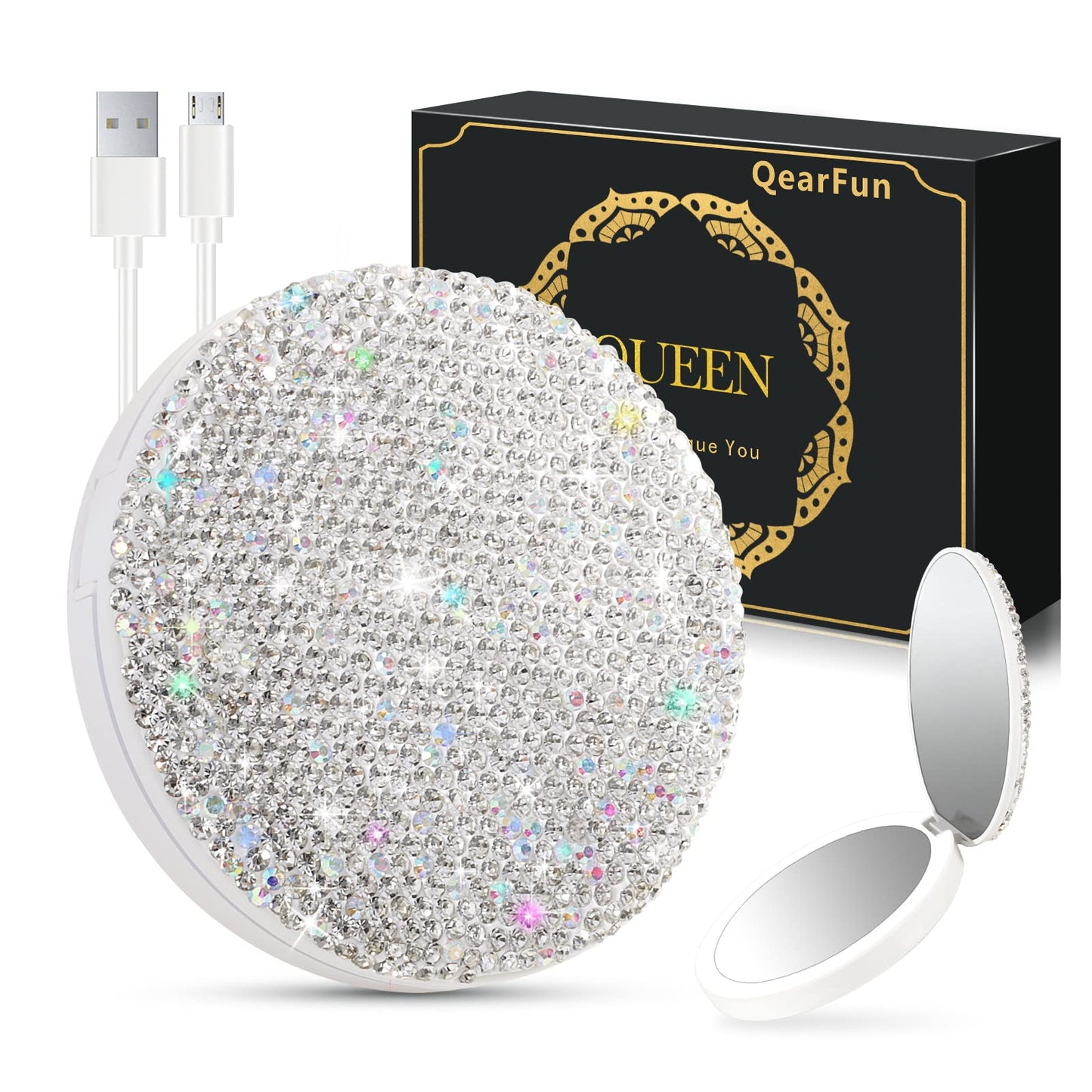 Qearfun Luxurious Rhinestone Led Lighted Compact Mirror,Bling Portable Travel Makeup Mirrors,3.5 Inch Rechargeable Mini Magnifyi