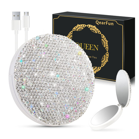 Qearfun Luxurious Rhinestone Led Lighted Compact Mirror,Bling Portable Travel Makeup Mirrors,3.5 Inch Rechargeable Mini Magnifyi