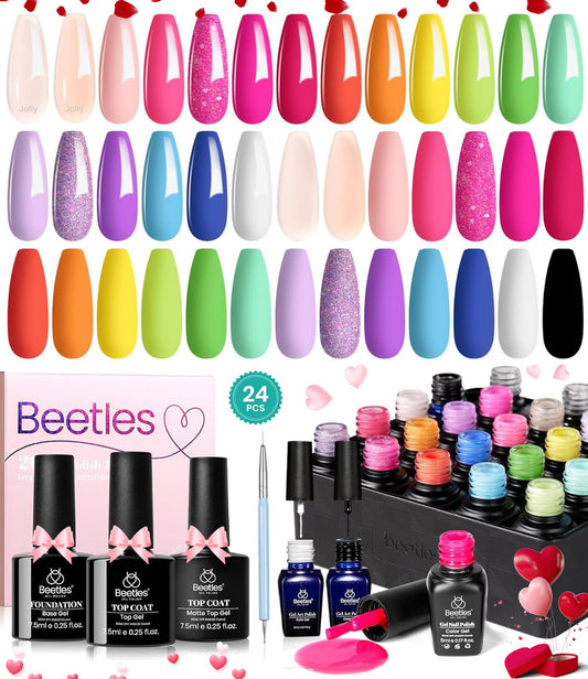 Beetles 24Pcs Gel Nail Polish Set With Base Gel Top Coat White Black Liner Gel Nail Art Brush, Gel Polish Kit Neon Bright Blue P