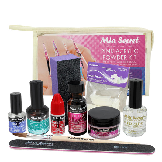 MIA SECRET PINK ACRYLIC POWDER PROFESSIONAL FULL NAIL KIT - 05, Contents: Liquid Monomer, Pink Powder, Primer, Nail Glue, Top Co