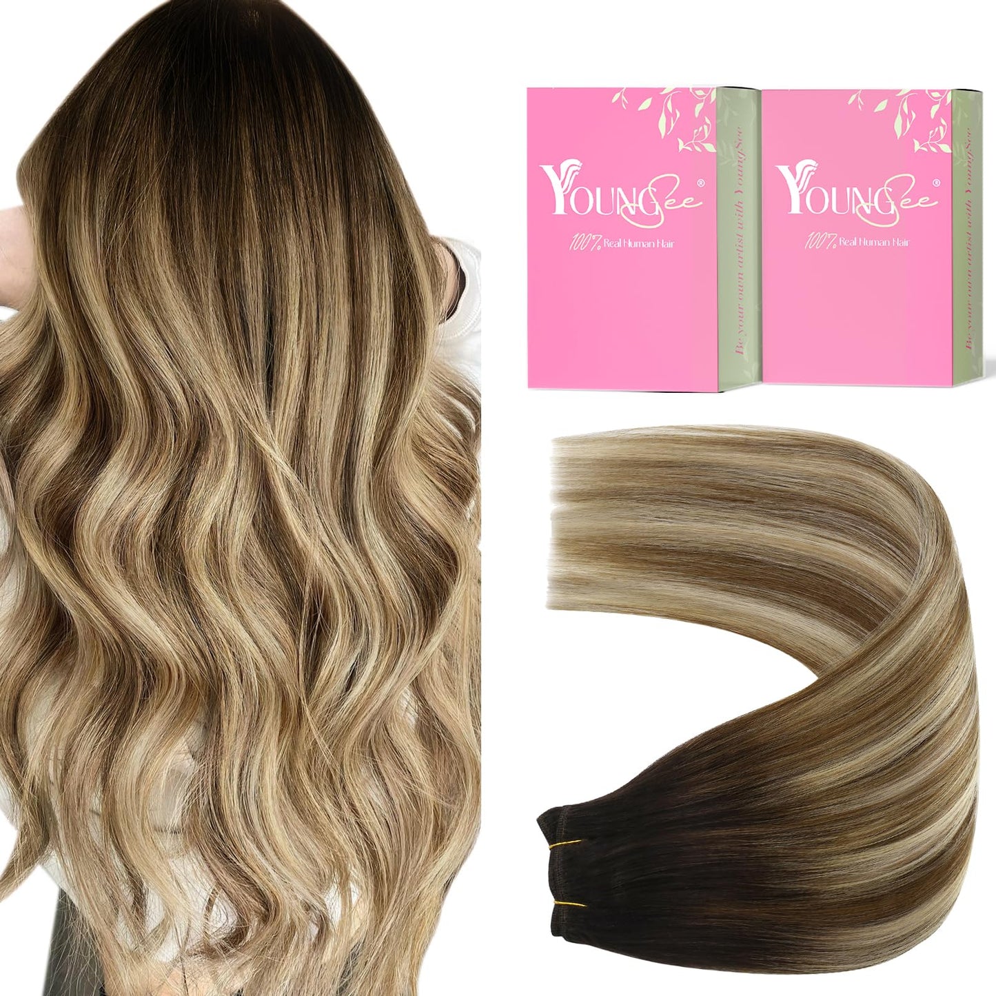 Youngsee Sew In Hair Extensions Real Human Hair Balayage Weft Extensions Human Hair Dark Brown Roots Blending Into Medium Brown