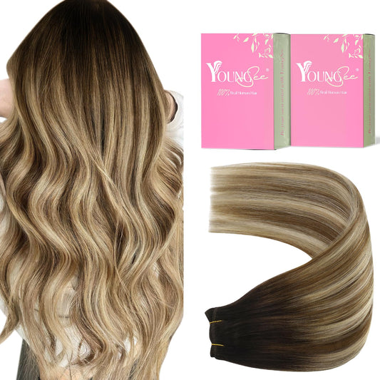 Youngsee Sew In Hair Extensions Real Human Hair Balayage Weft Extensions Human Hair Dark Brown Roots Blending Into Medium Brown
