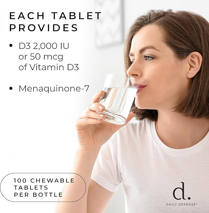 Immune Defense Supplements Vitamin D3 K2 2000IU for Heart Health, Daily Immune Support, Mental Clarity, & Muscle Function - 100 Chewable Tablets