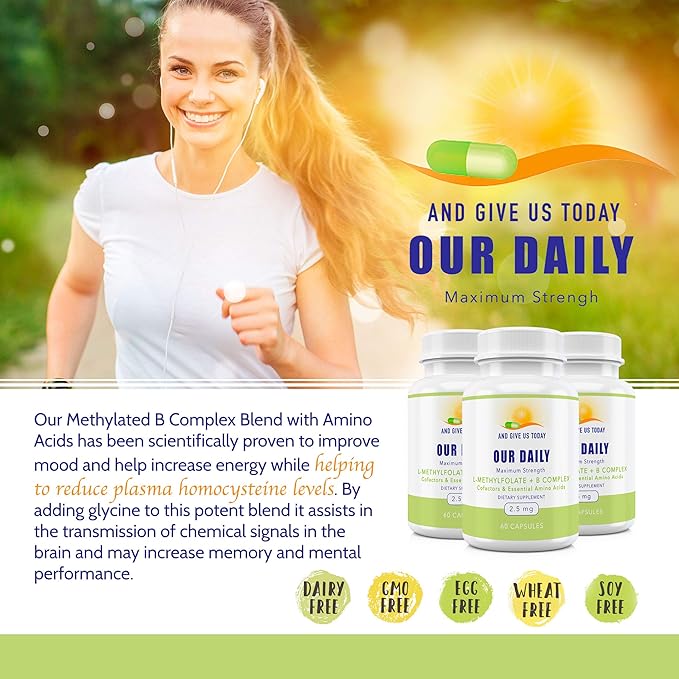 Our Daily Vites L-Methylfolate B Complex Cofactors & Essential Amino Acids (2.5mg) - Active Folate, Methylated B12 Methylcobalamin, B6 and Glycine - 60 Count