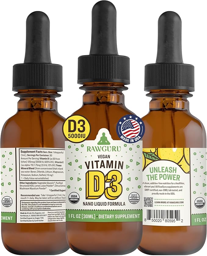 RawGuru Organic Vitamin D3 Complex - Vegan Vitamin D3 with Trace Minerals - Nano-Processed Immunity Boost & Cognitive Supplement Tincture - 30 Servings of Vegan Drops per 30 ml, Pack of 1